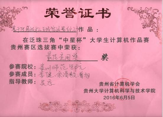 贵州省最佳应用奖证书
